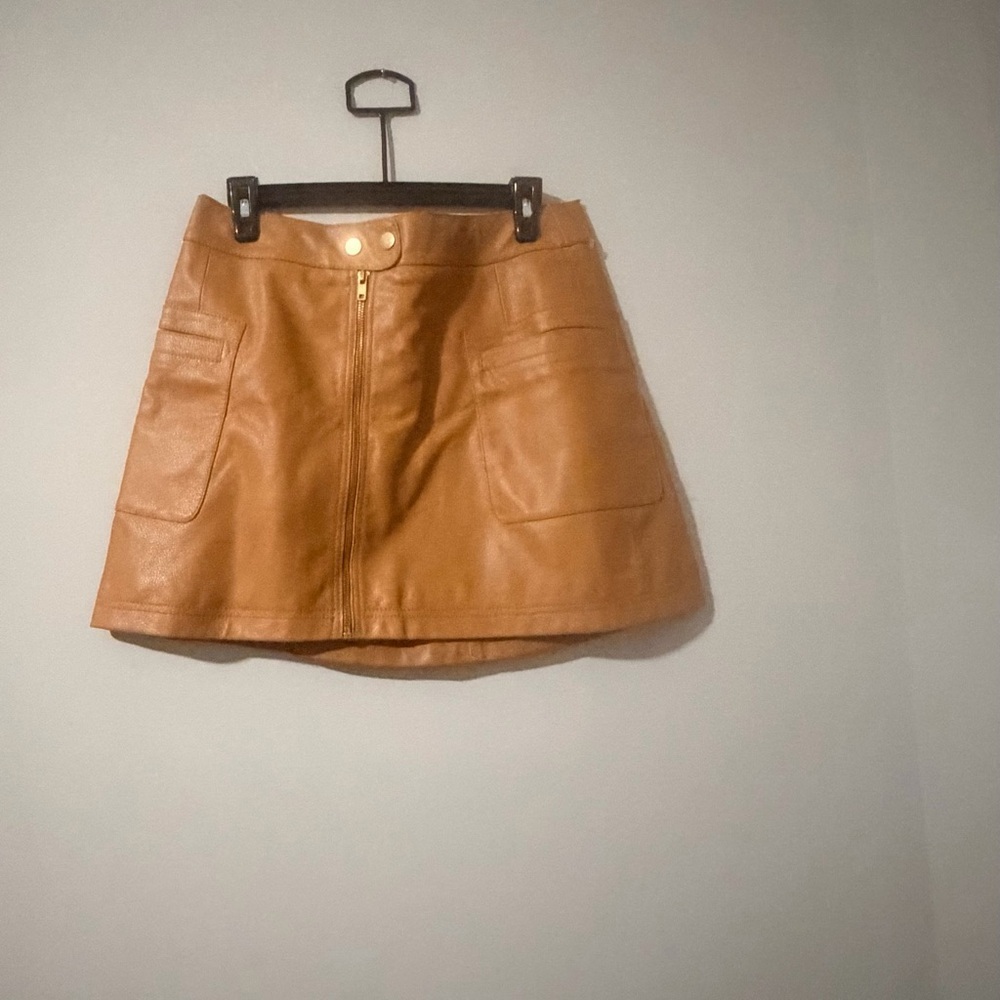 Free people Classic Tan Faux Leather Mini Skirt with Front Zip